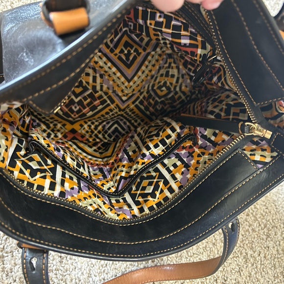 Vera Bradley Sagebrush Satchel Black Tan Leather Tote Bag Stitching Aztec Lined - Picture 10 of 11